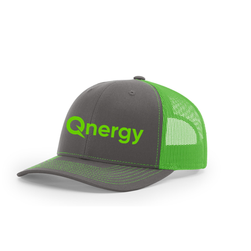 QNERGY RICHARDSON 6 PANEL TRUCKER HAT - Charcoal/Neon Green FULL FRONT LOGO
